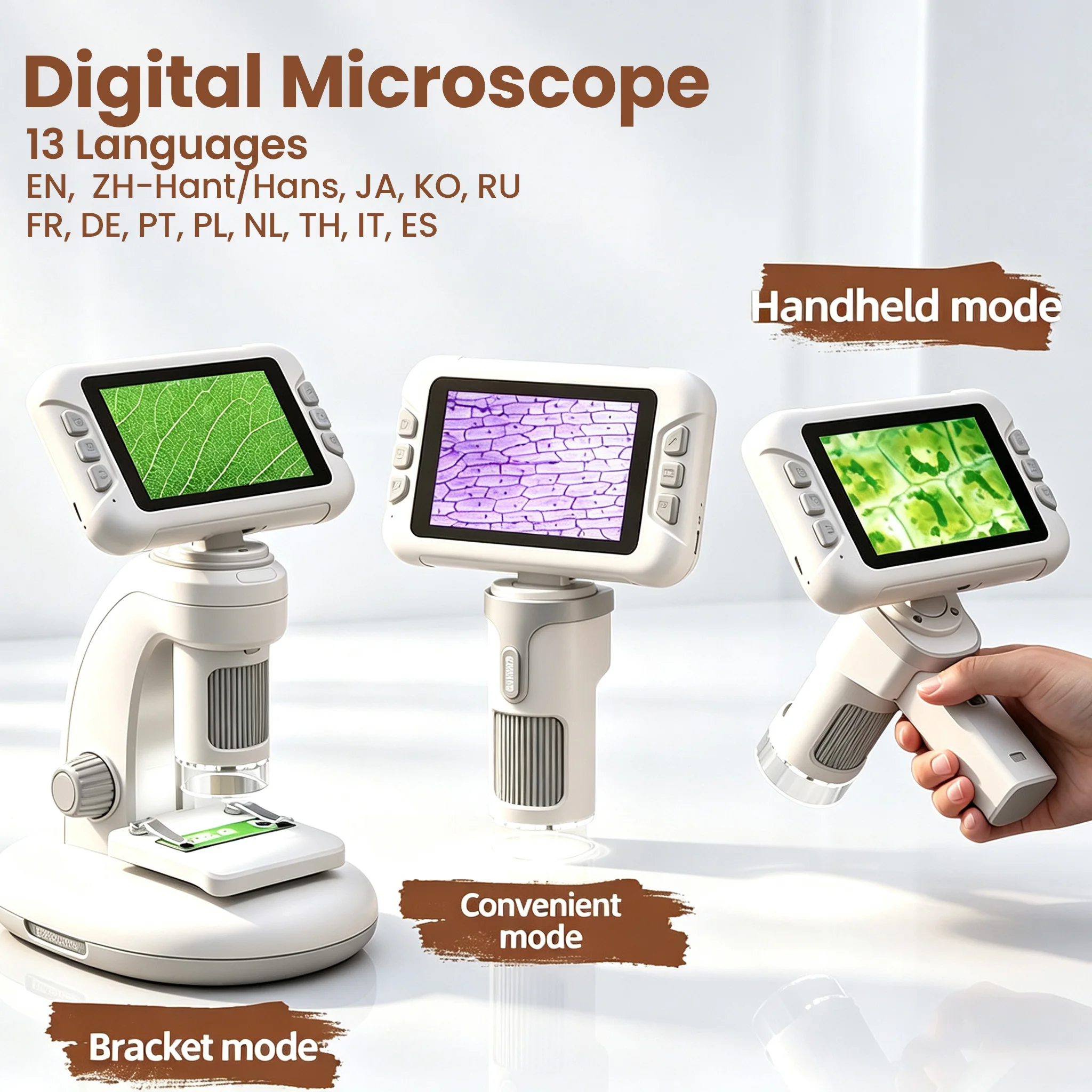 Kids Microscope 4Inch LCD Screen with 13 Languages Handheld Desktop Digital Handheld Microscope for Education Biology for Kids