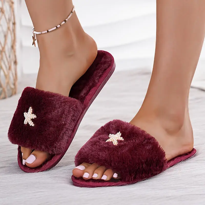 

Модные теплые меховые шлепанцы с жемчужной звездой, женские зимние роскошные тапочки из искусственного меха 2025, удобные толстые нескользящие хлопковые тапочки
