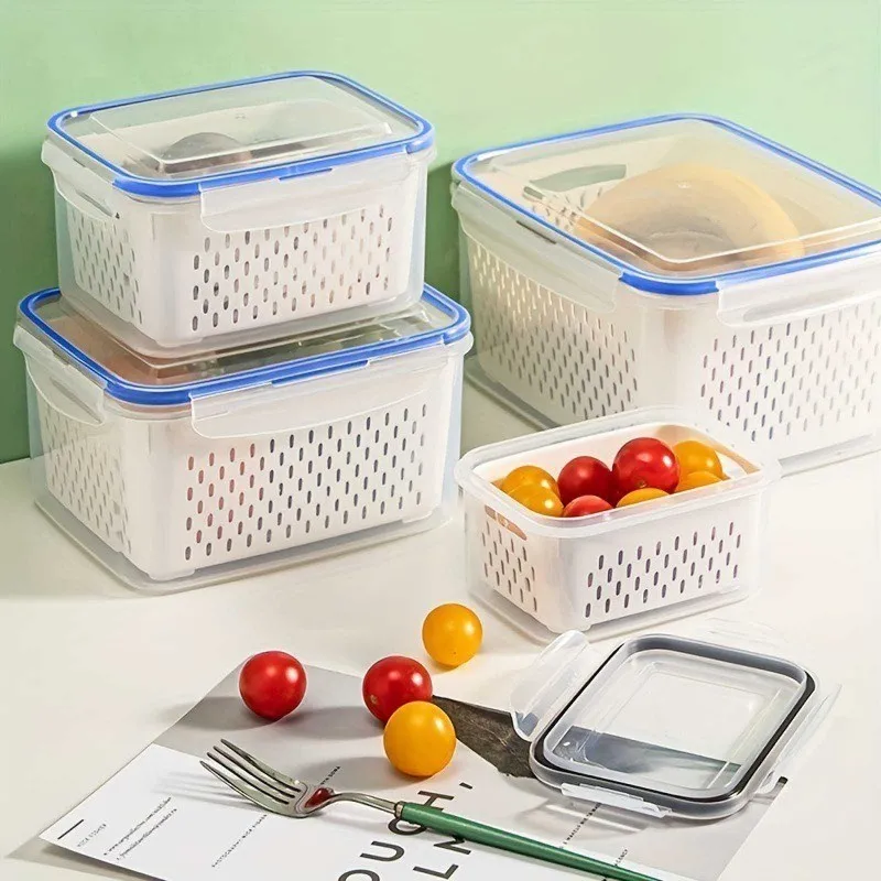 2pcs/set Plastic Bilayer Food Storage Boxes Refrigerator Fresh-keeping Vegetable Fruit Drainage Basket Kitchen Storage Container