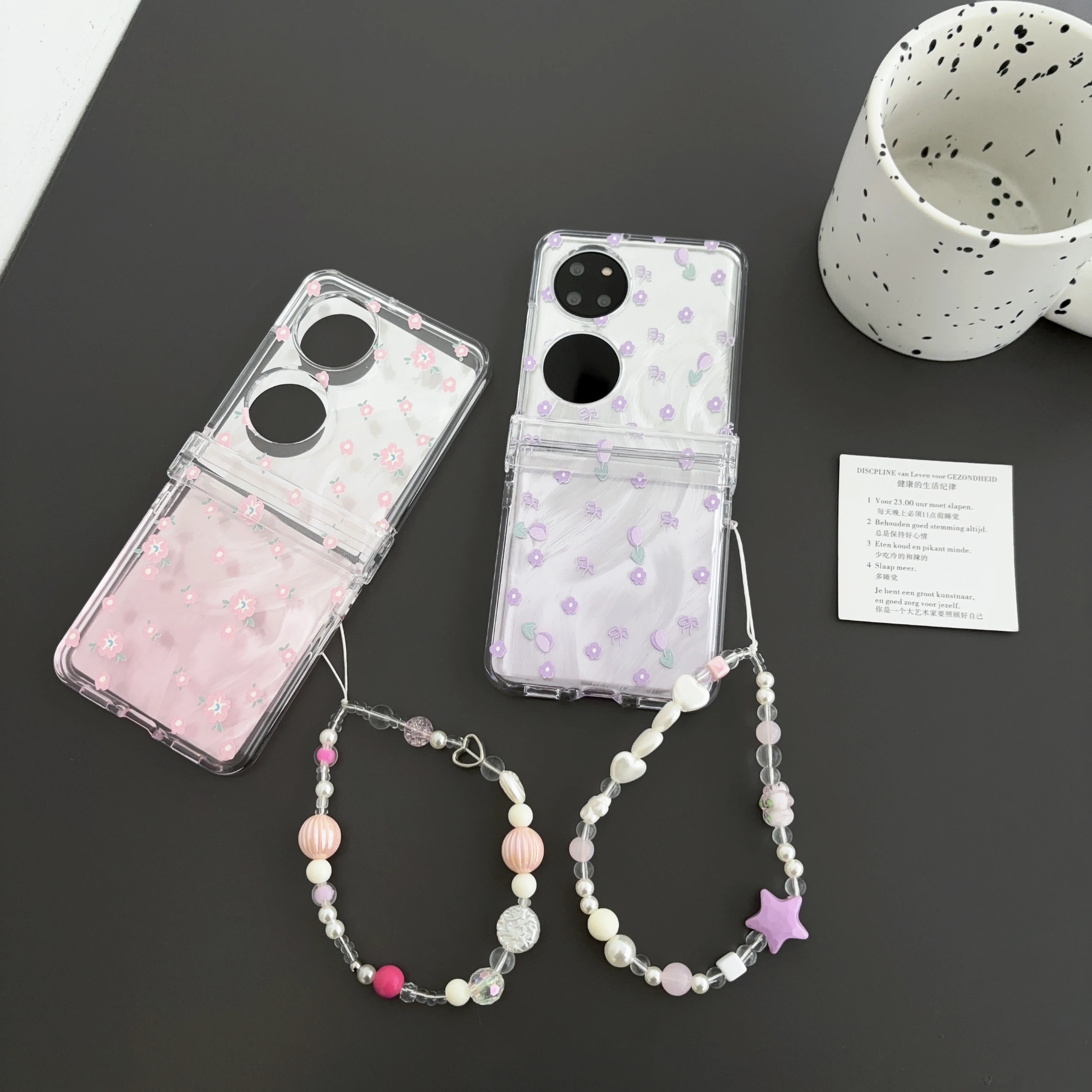 Camlet Paper Gradient Flower with Bracelet Wristband Chain Hard Acrylic Shockproof Phone Case For Huawei Pocket2 P50Pocket Cover