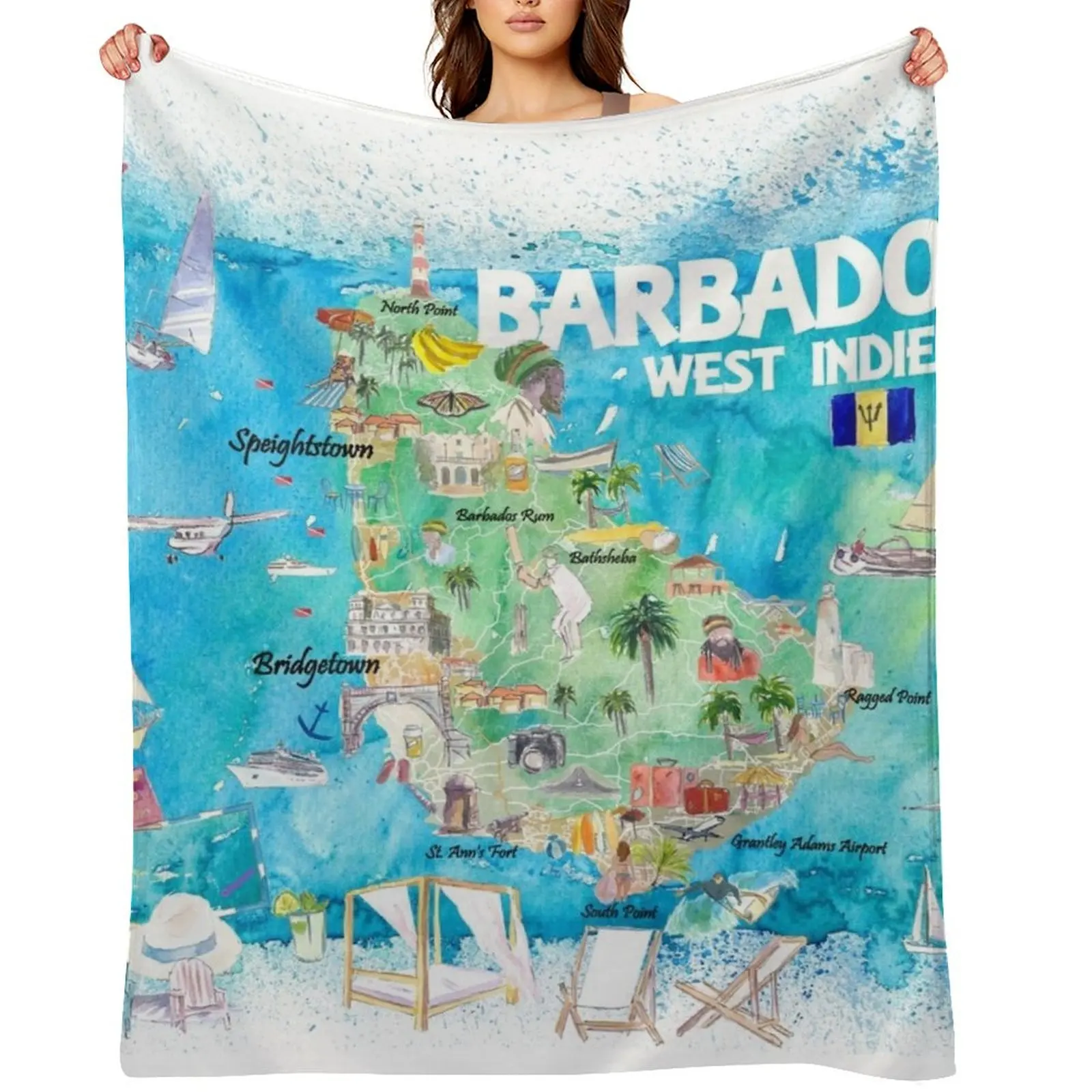 

Barbados West Indies Illustrated Caribbean Island Travel Map with Highlights Throw Blanket Warm Luxury St Blankets