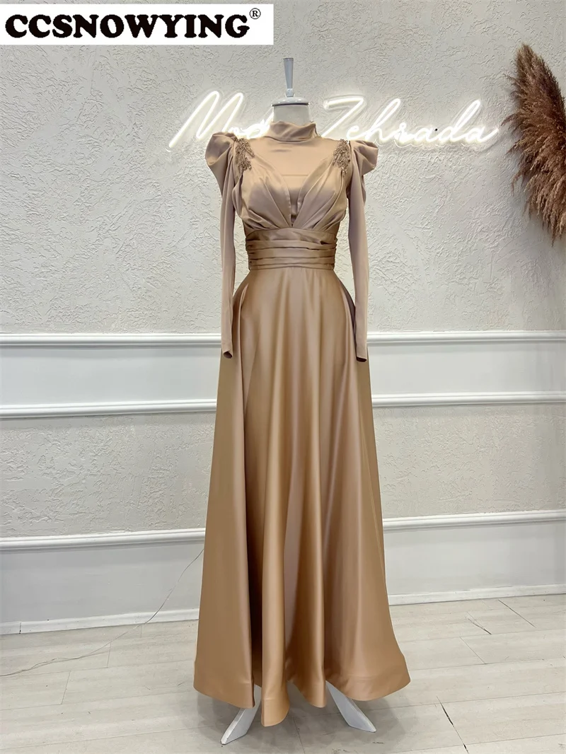 Champagne Satin Beaded Muslim Evening Dresses Full Sleeve Hijab Islamic Formal Party Gown Arabic Dubai Women Moroccan Caftan