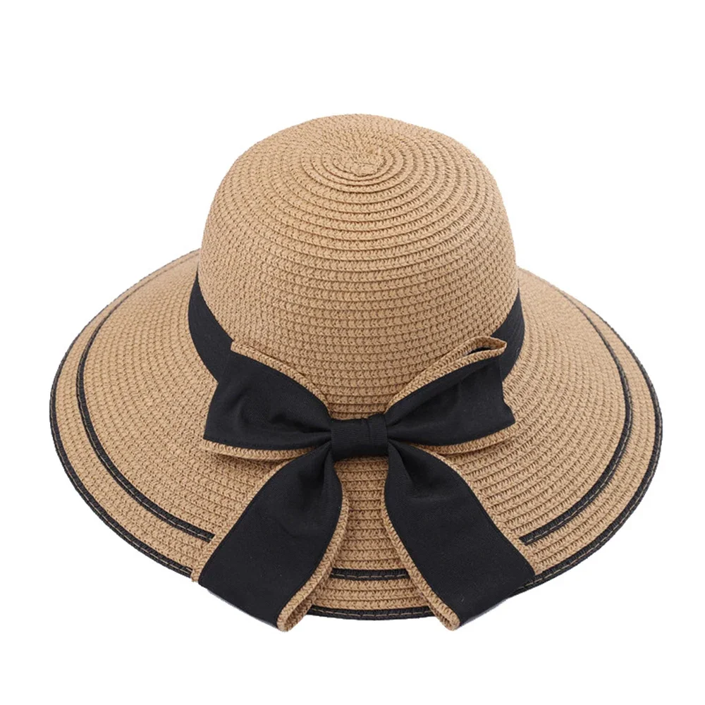 Summer Large Brimmed Hat With Wavy Edges and Bow Grass Hat For Women\'s Outdoor Vacation Beach Sun Hat Foldable