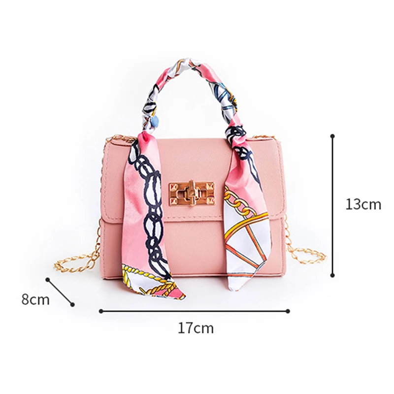 British Simple Fashion Silk Band Bow Lock Small Square Bag PU Leather Chain Mobile Phone Handbag Crossbody Bags