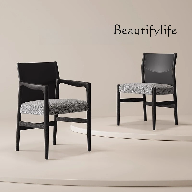 Nordic solid wood dining chair wabi style modern light luxury saddle leather chair Italian minimalist cotton linen armrest leisu