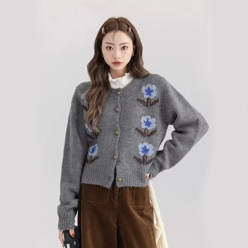 

Elegant Embroidery Flower Knit Cardigans Women Autumn O Neck Single Breasted Chic Knit Sweaters Preppy Warm All Match Knitwear