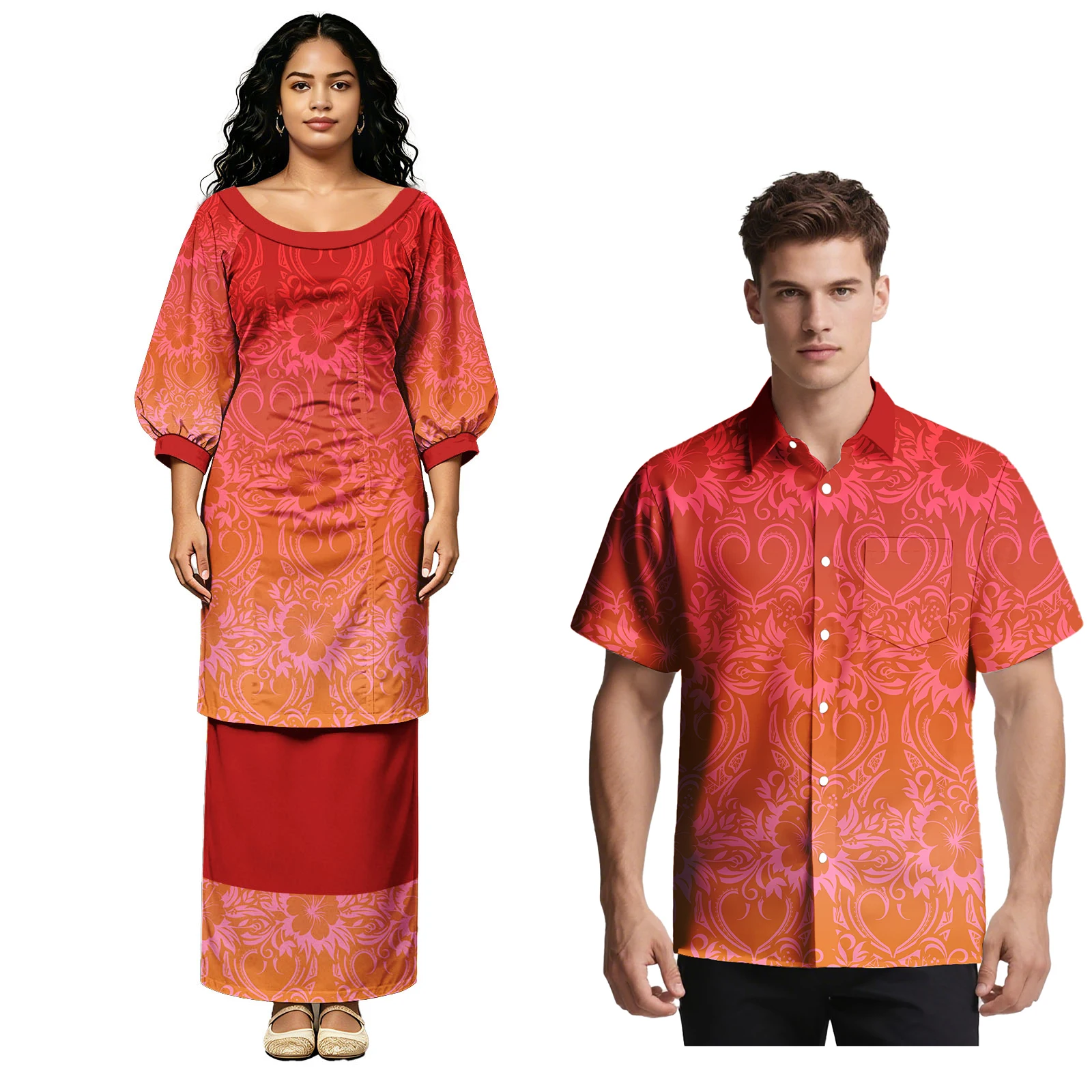 

2026 New Fashion 2pc Set Polynesia Party Prom Design Men Shirts Samoan Tribal Women Puletasi Hawaiian Sweet Match Couple Outfits