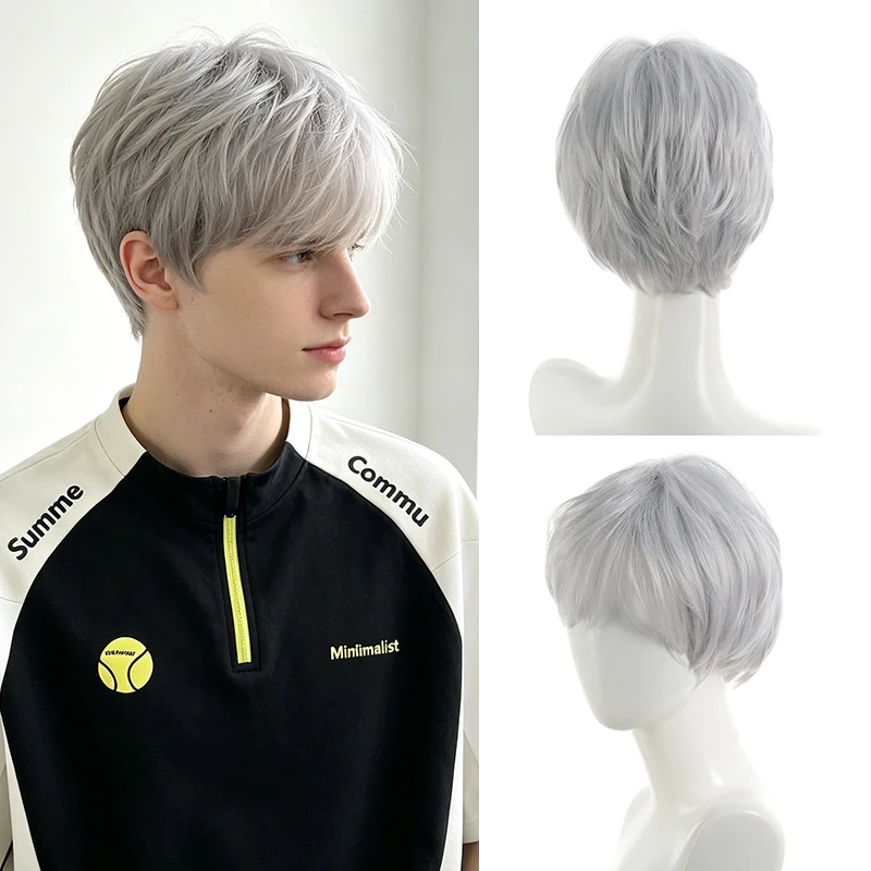 Synthetic Ash Grey Men's Wig, Short Korean Micro-Parted Layered Cut, For Cosplay Daily Wear, Natural Look.