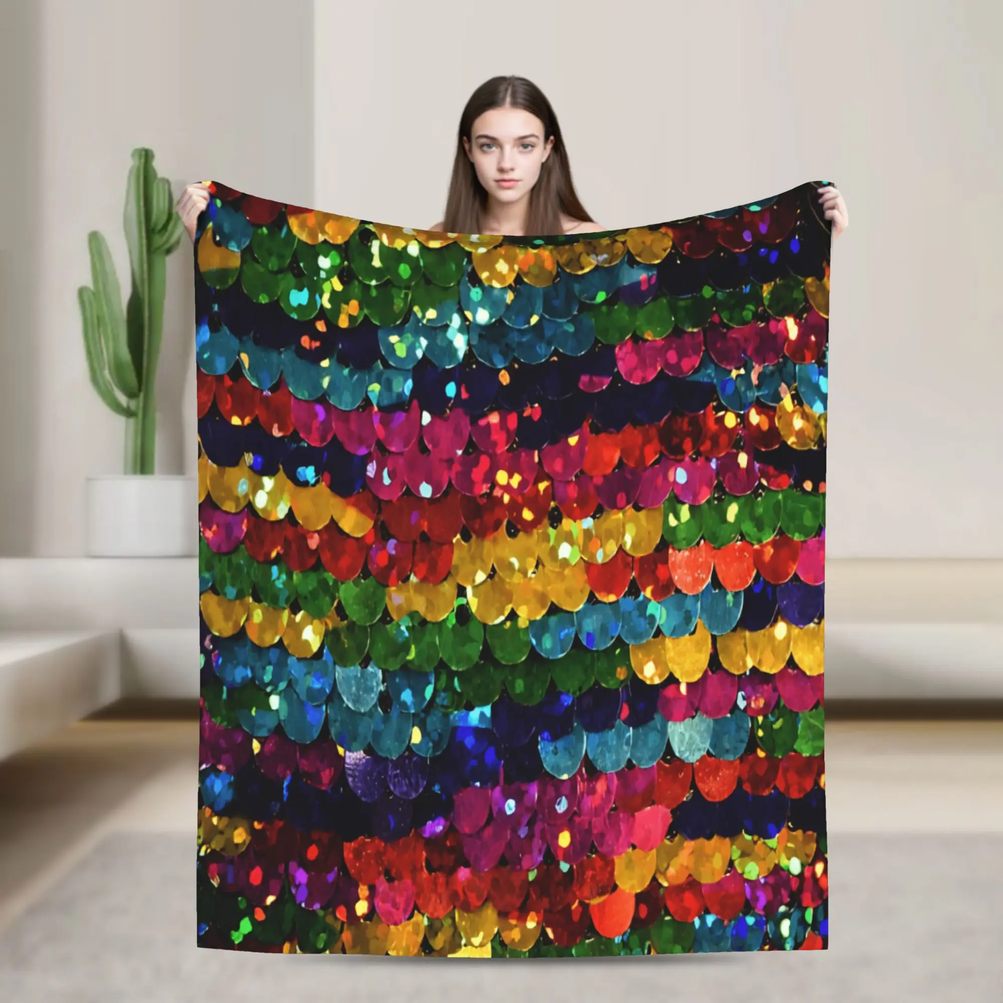 Photographic Image of Multi-colored Sequins Flannel Blankets Winter  Super Warm Throw Blanket Bedspread Sofa Bed Cover