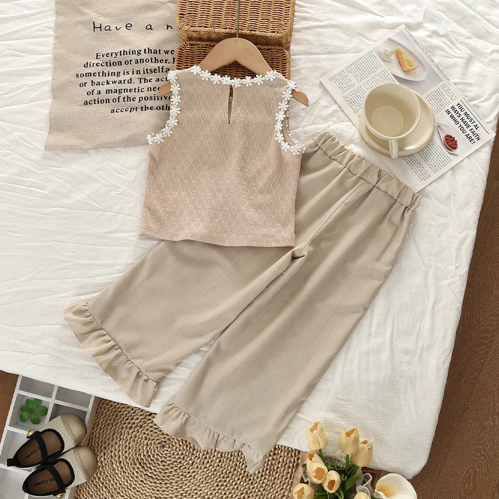 Korean Version Plain Flower Decoration Girls' Clothing Geometric Print Sleeveless Top + Spliced Pants Children's Two-piece Set