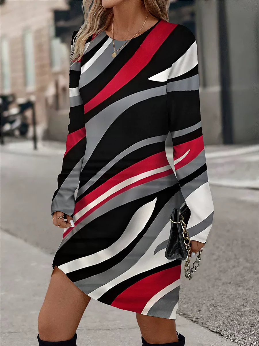 

Long Sleeve Elegant Fashion Striped Women Mini Dresses All Season 3D Printed Street Ladies Dress 3XL Plus Size Casual Dress
