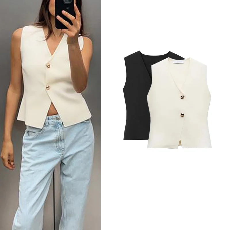 

Женский вязаный жилет с v-образным вырезом и пуговицами, украшенный золотым цветом, летний модный жилет для детей 25-29 лет