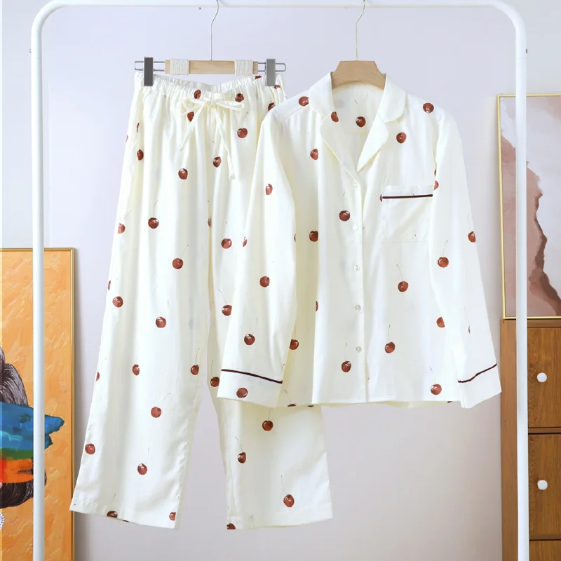 Kuzuwata 2024 Spring Soft Pijamas Women Cherry Print  New Long Sleeve Tops + Casual Loose Pants Home Suit Breathable Sleepwear