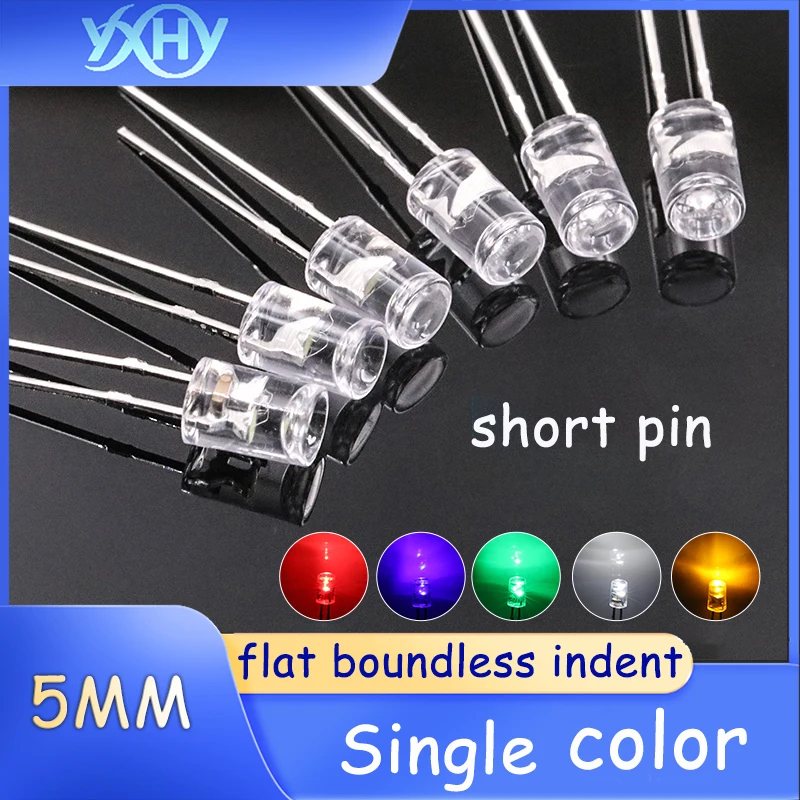 100pcs 5MM flat-top concave bezelless single-color DIP light-emitting diodes, with red, yellow, blue and white short pins.