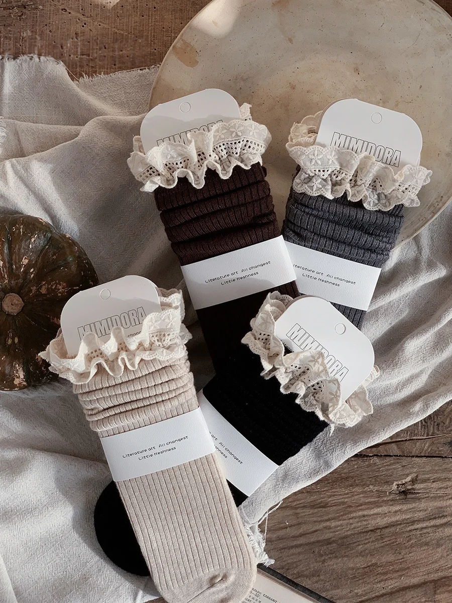 

Носки для маленьких девочек, винтажные кружевные длинные носки до середины икры с рюшами, милые детские зимние теплые носки на флисовой подкладке