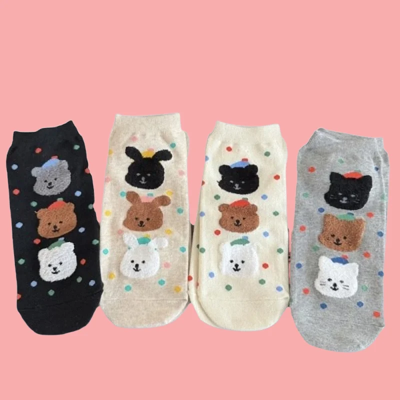 4/8 Paris Cute Cartoon Student Comfortable Casual Socks Flocked Bear Polka Dot Socks For Women Spring And Summer Thin Boat Socks