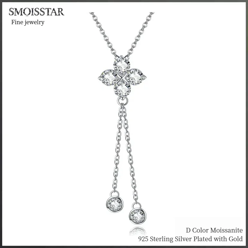 

SMOISSTAR Four Leaf Clover Pendant Moissanite Necklace, 925 Sterling Silver Tassel Hanging Necklace Fine Jewelry for Woman