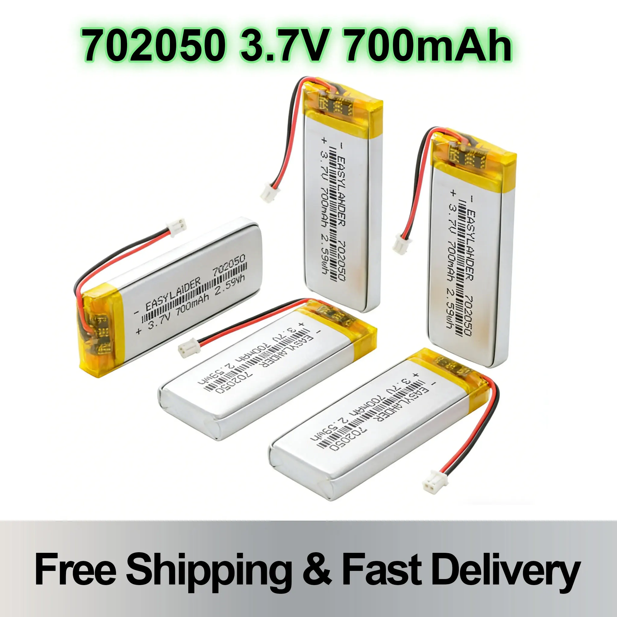 

3.7V 700mAh 702050 Li-Polymer Rechargeable Battery JST 1.25mm 2Pin for DVR MP3 Bluetooth Camera DVD PAD