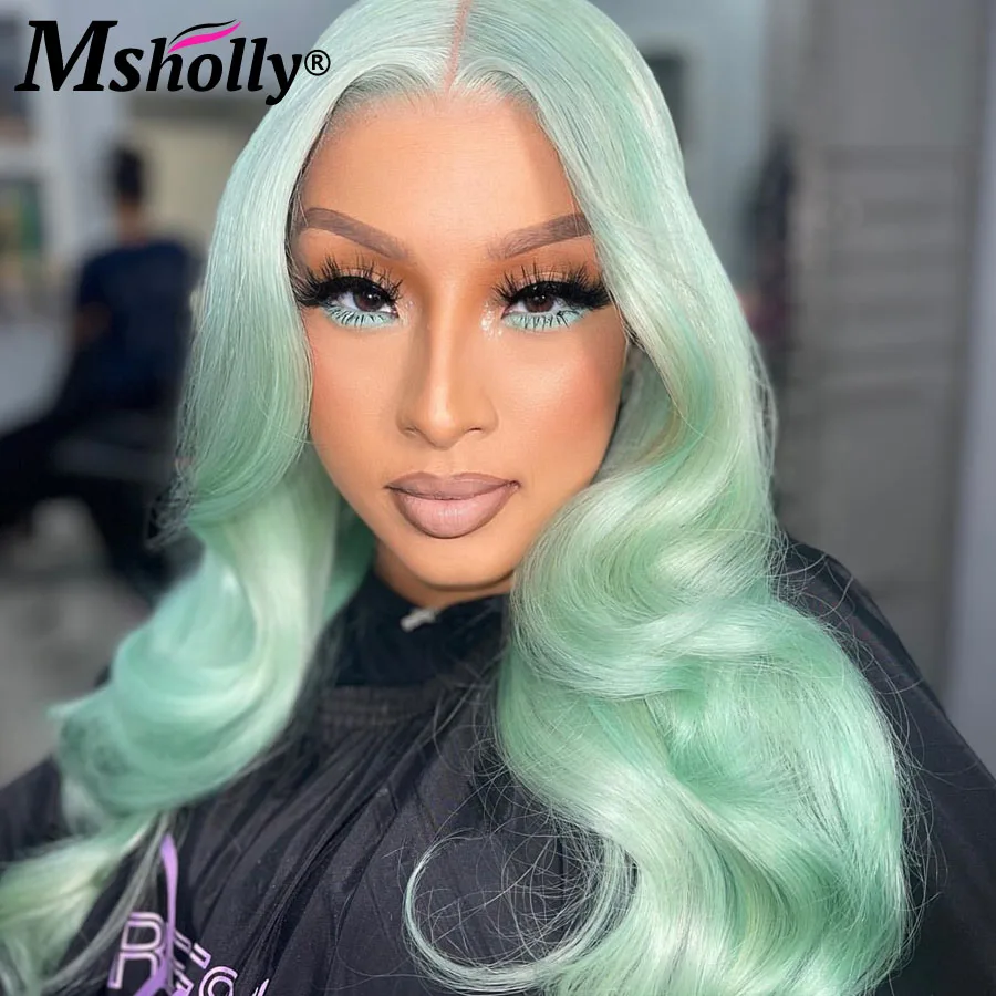 

Mint Green Colored Body Wave Wig 100% Human Hair 13x4 Transparent Lace Frontal Wig 180% Density Natural Hairline Human Hair Wigs