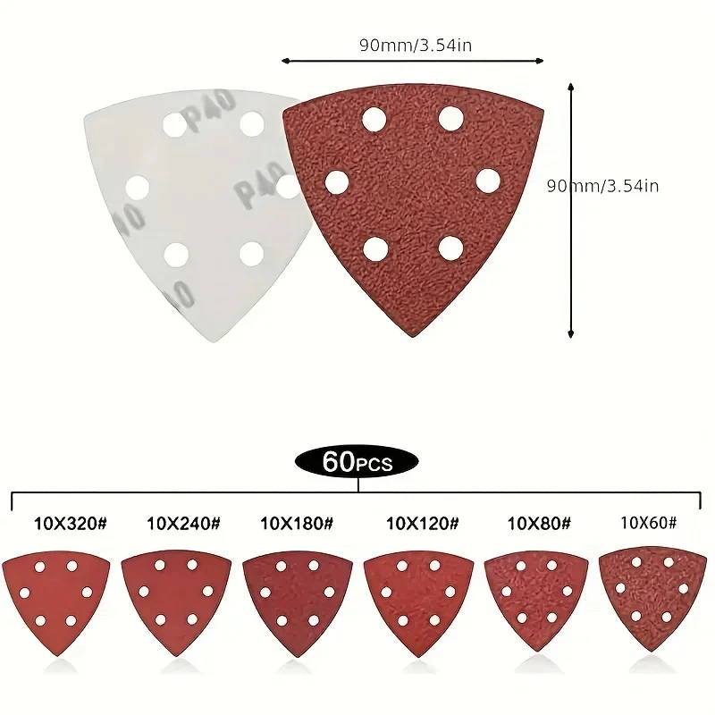 60PCS Triangular Sanding Pads 6 Hole 60 80 120 180 240 320 Grit for Delta Multi Jet Sander