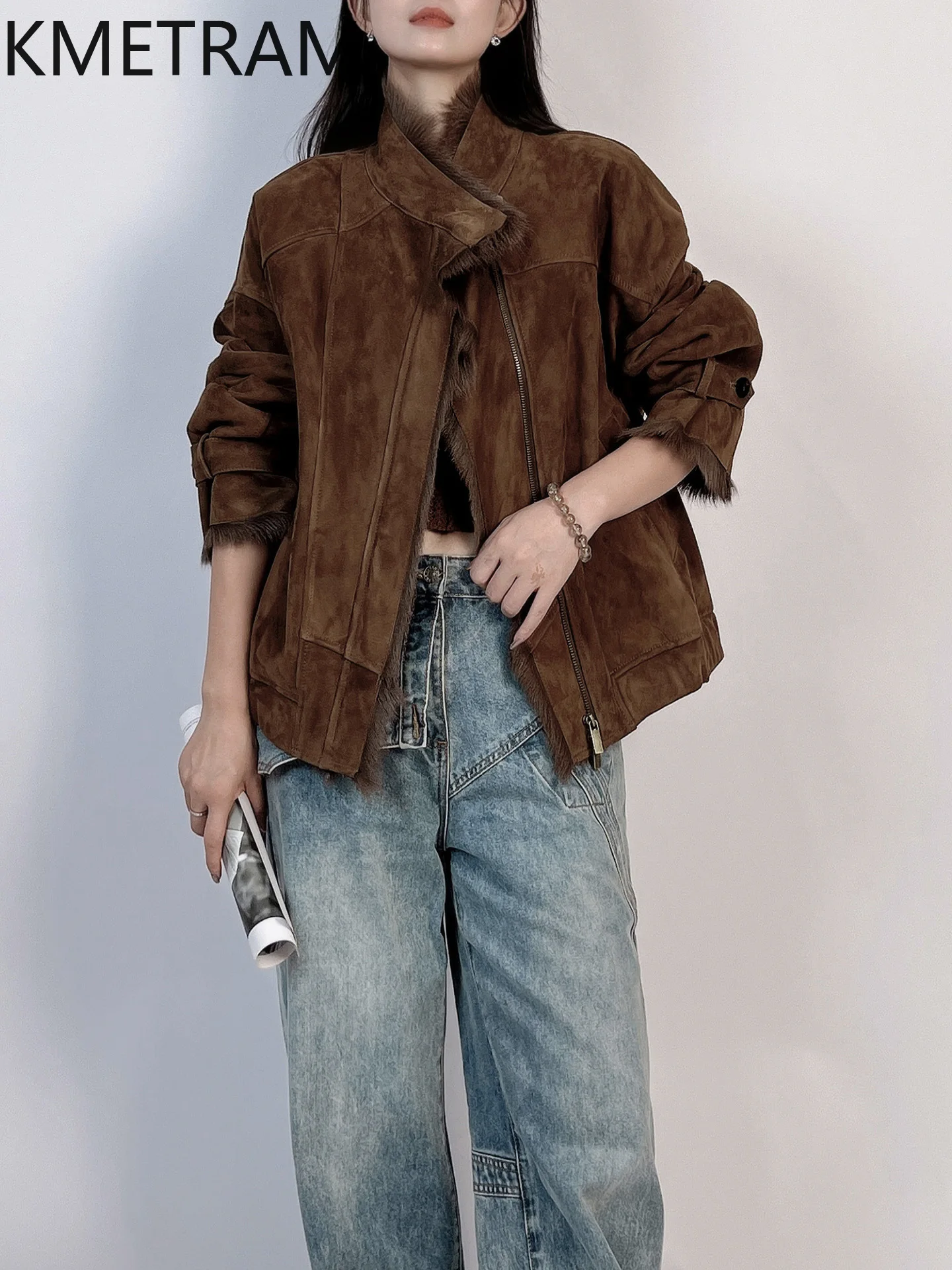 معطف KMETRAM من جلد الماعز الطبيعي مع معطف مرفق من الصوف سترة قصيرة غير رسمية من الفرو الحقيقي ملابس نسائية شتوية جديدة في معاطف شبابية نسائية #4