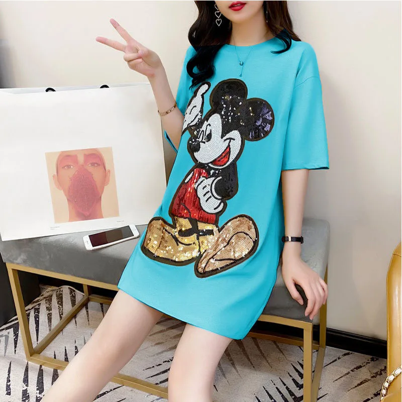 Mickey T Shirt Tops Women Short Sleeve Mid-Length Sequins Embroidery Kawaii T-Shirt Summer Korean Cartoon Loose Tee Top