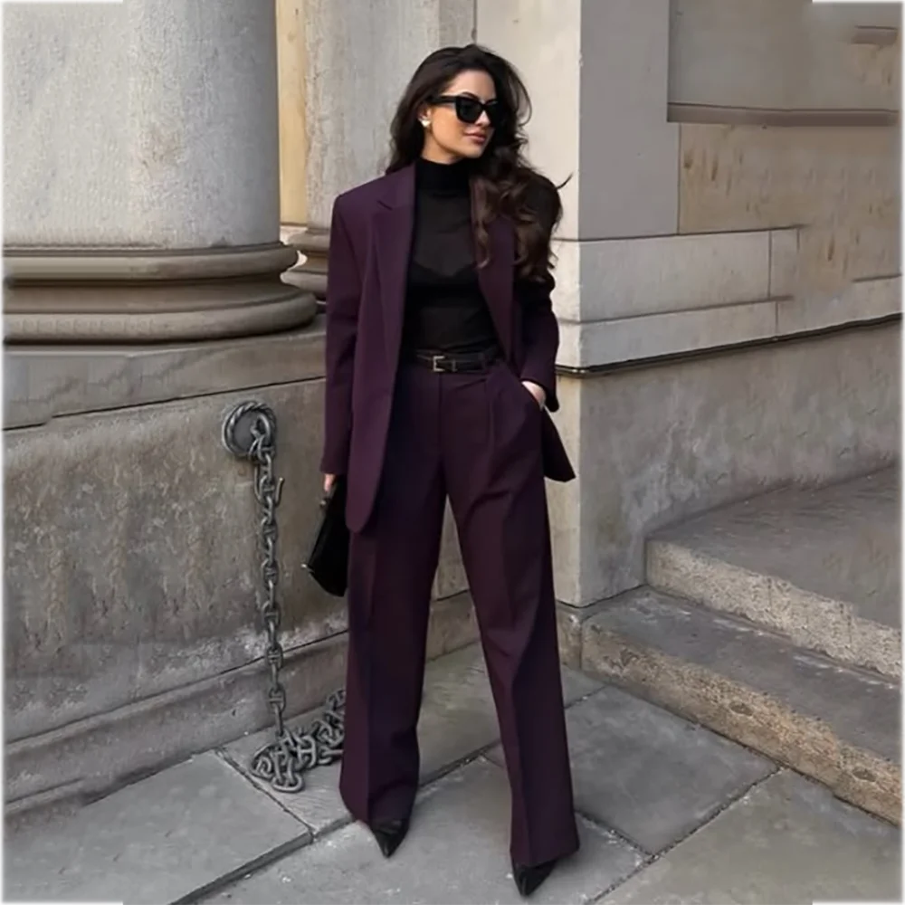 Classic Fit Women Pants Suit Two Pieces Notched Lapel Straight Fit Outfit Elegant Business Commute Luxury Lady Matching Set