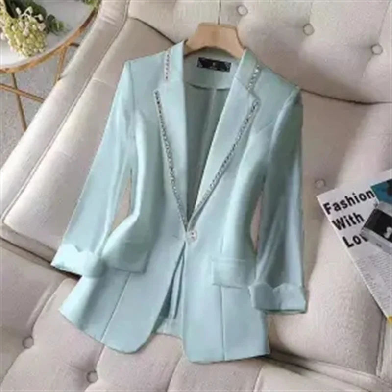 Diamond-Encrusted Women Blazer 2023 Spring Summer New Three-Quarter Sleeve High-End Small Jacket Female Design Niche Casual Suit