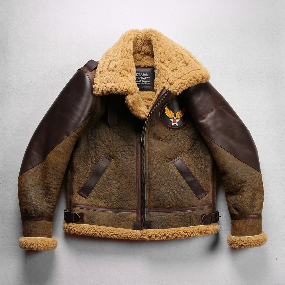 남성용 진짜 양 가죽 코트, B31901 유럽 사이즈, 고품질, 슈퍼 웜, Big B3 Shearling 폭격기, 밀리터리 모피 재킷