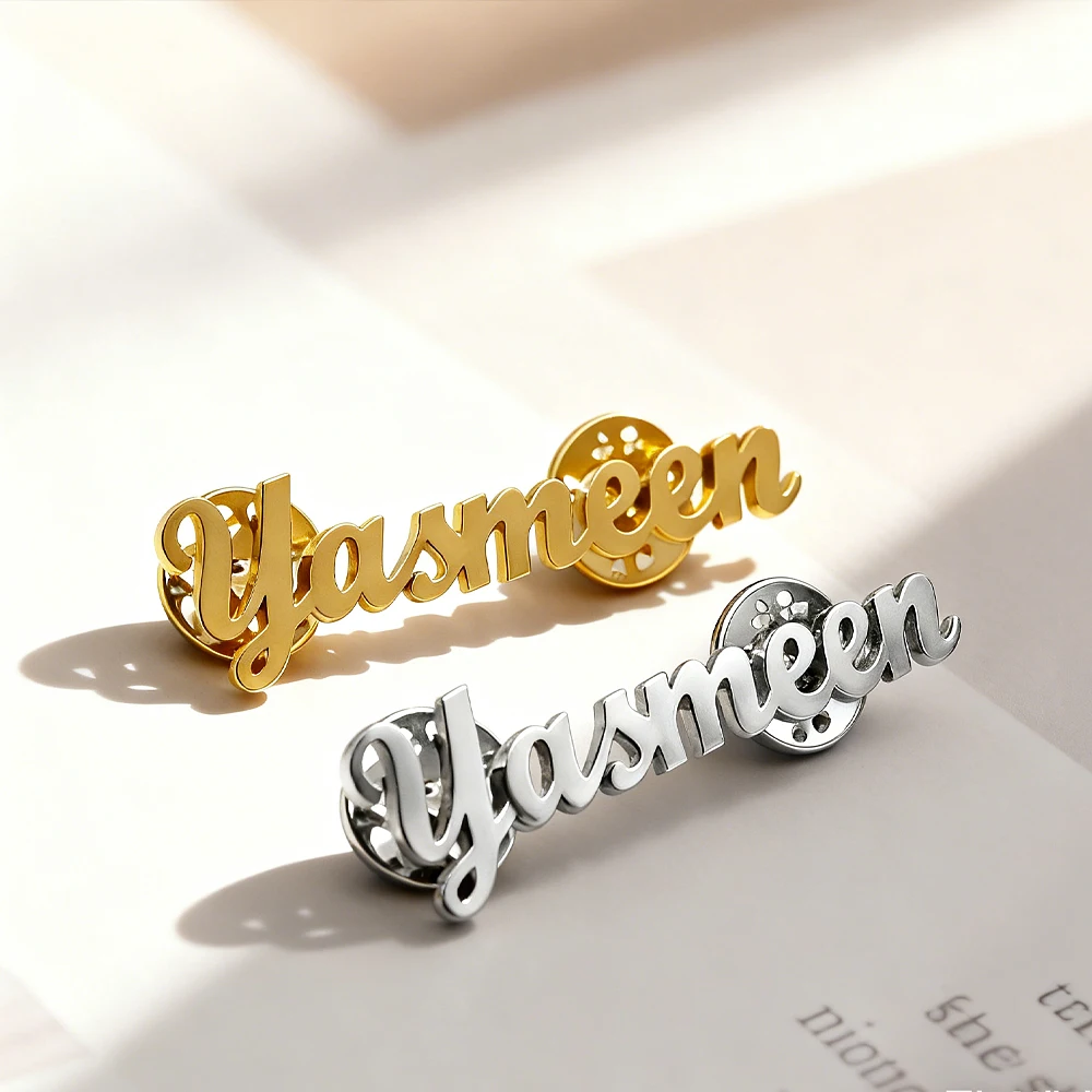 

Custom Designer Brooch Luxury Logo Stainless Steel Name Tag Pin Wholesale Brooches Personalized Company Badges Employee Pin