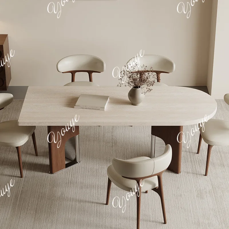 

MX French Antique Semi-round Dining Table High-end Retro Island Small Apartment Against The Wall Island Matte Travertine Rock Sl