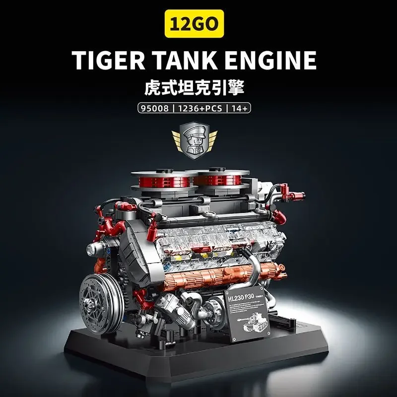 1200+ Teile Tiger Panzermotor Technik-Bausteine-Set – WWII Militärfahrzeug-Motor Konstruktionsbausteine Modellbausatz Technisches DIY-Montagespielzeug für Erwachsene – Ideales Geburtstags- und