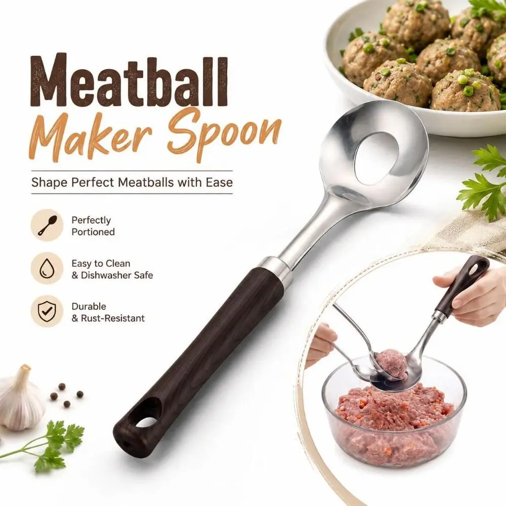 Stainless Steel Meatball Maker Spoon Round Spoon Head Hanging Hole Meatball Scoop Wood Grain Handle Kitchen Meatball Tool