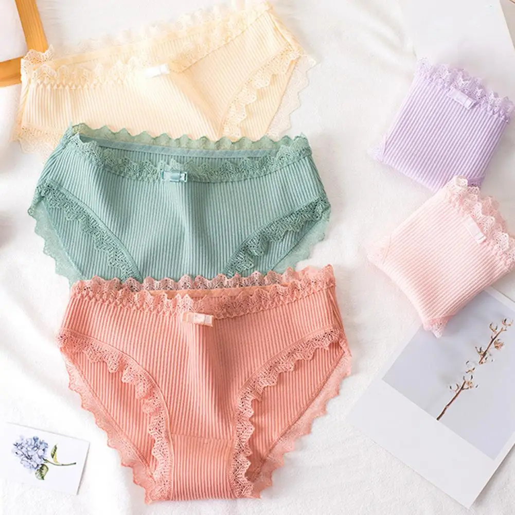 Women Lace Hem Floral Panties Lady Girls Briefs Soft Underwear Mid-rise Panty Intimates Acesorries