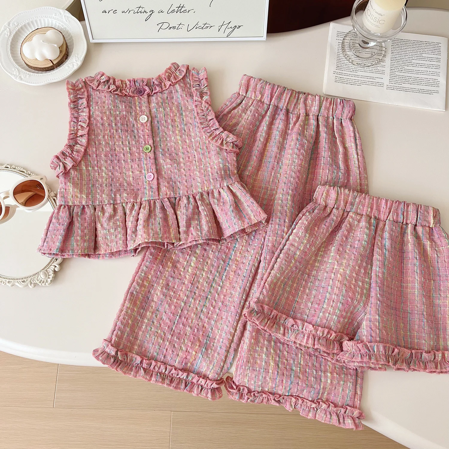 

Girls Three Piece Set Summer New Korean Fashionable Cute Casual Plaid Sleeveless Top Shorts Pants Three Piece Set