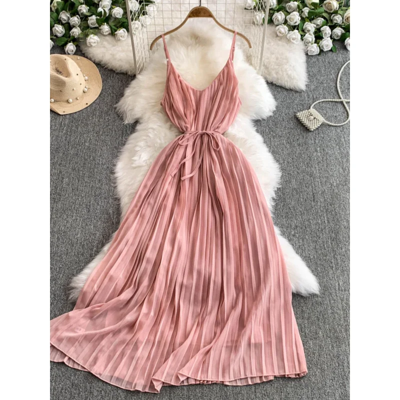Boho donna solido estate abito lungo pieghettato casual sexy cinturino per spaghetti vestido de festa elegante tunica vacanza al mare abiti