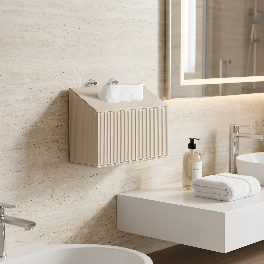 Wall Mounted PU Leather Toilet Paper Holder For Bathroom Waterproof Storage Box With Adhesive Tape