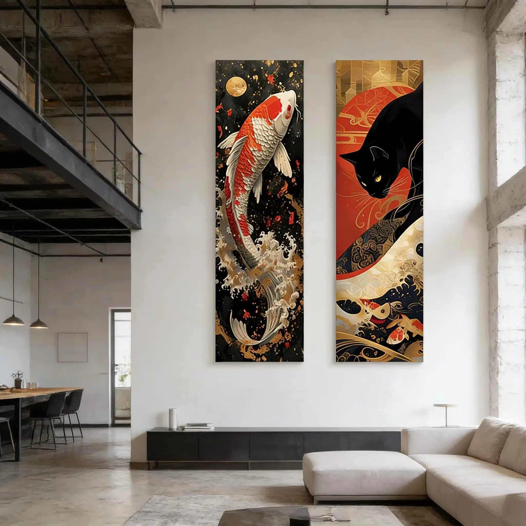 1PC Japanese Koi Fish Black Cat Tapestry, Long Vertical Japanese Asian Art Wall Hanging, Decor for Bedroom and Living Room