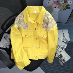 Heavy Work Diamond Jeans Jacket Spring Women Short Coat Big Pocket Loose Lapel Single-breasted Long Sleeve Autumn Vetement Femme