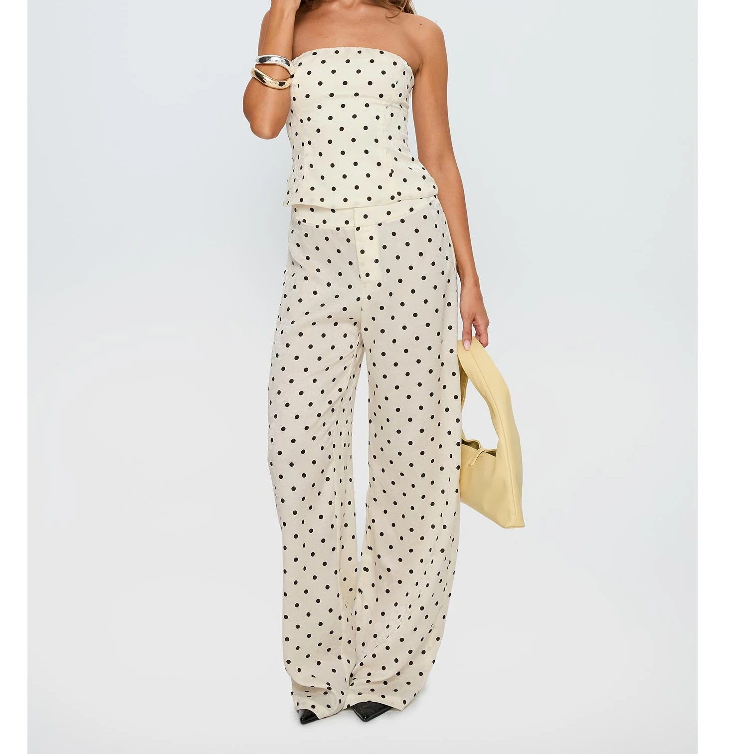 Women's High Street Sleeveless Pant Set Strapless Dots Print Tube Top And Wide Leg Pants Two Piece Outfit Loungewear