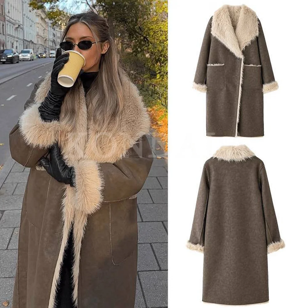 

KONDALA 2025 Fall Winter Double-sided Wear Streetwear Women Coats Fashion Fur Faux Turndown Collar Solid Warm Ladies Long Coats