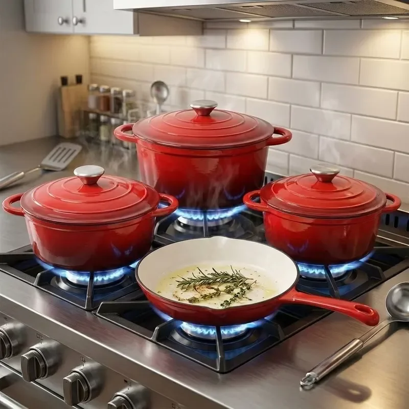 4 Piece Cast Iron Enamel Cookware Set Non Stick Frying Pan Soup Pot Baking Dish Kitchen Cooking Utensils Durable Heat