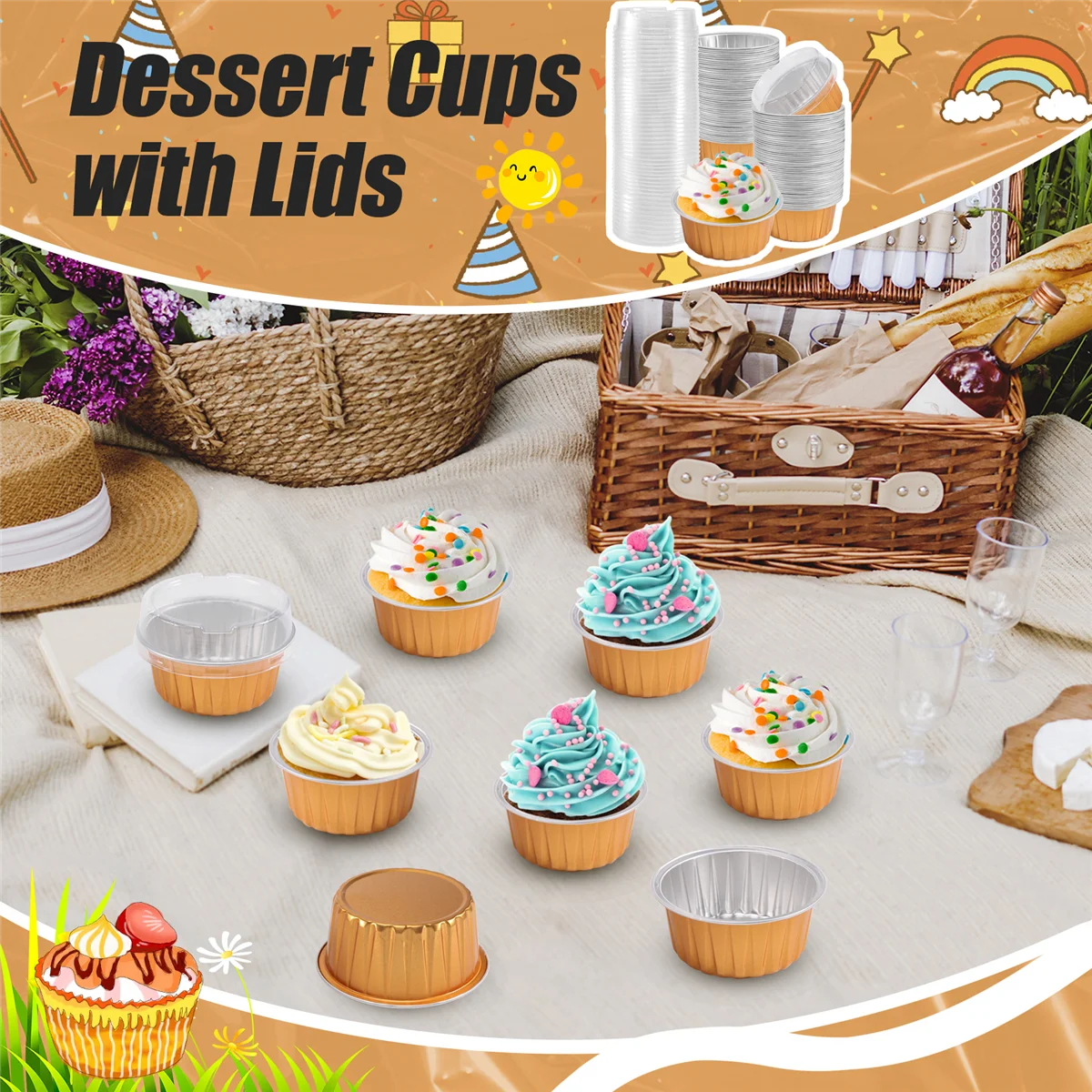 AAAF Dessert Cups with Lids, 50 Pack Gold Aluminum Foil Baking Cups Holders, Cupcake Bake Utility Ramekin Clear Pudding Cups