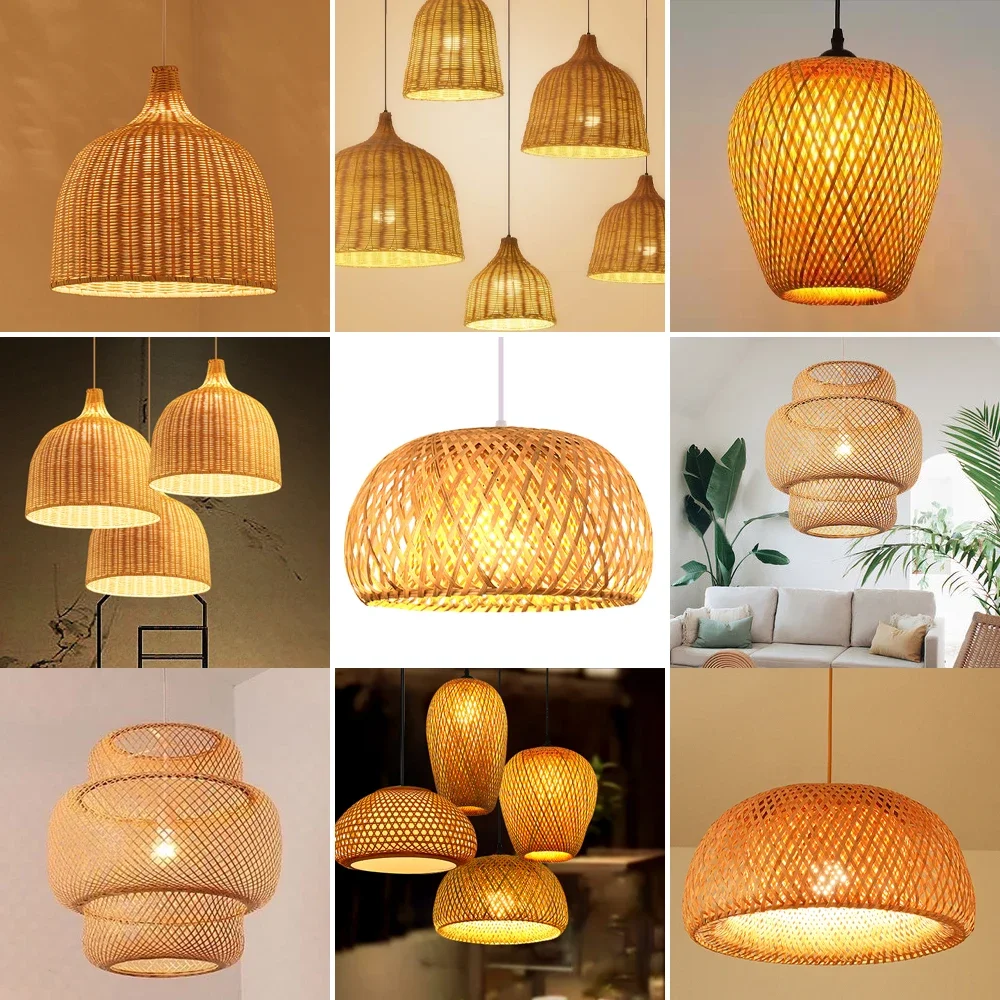 

Southeast Asia Bamboo Pendant Lamp Hand Knitting Chandeliers Café Restaurant 26cm Brown Nature Color Retro Atmosphere Lighting