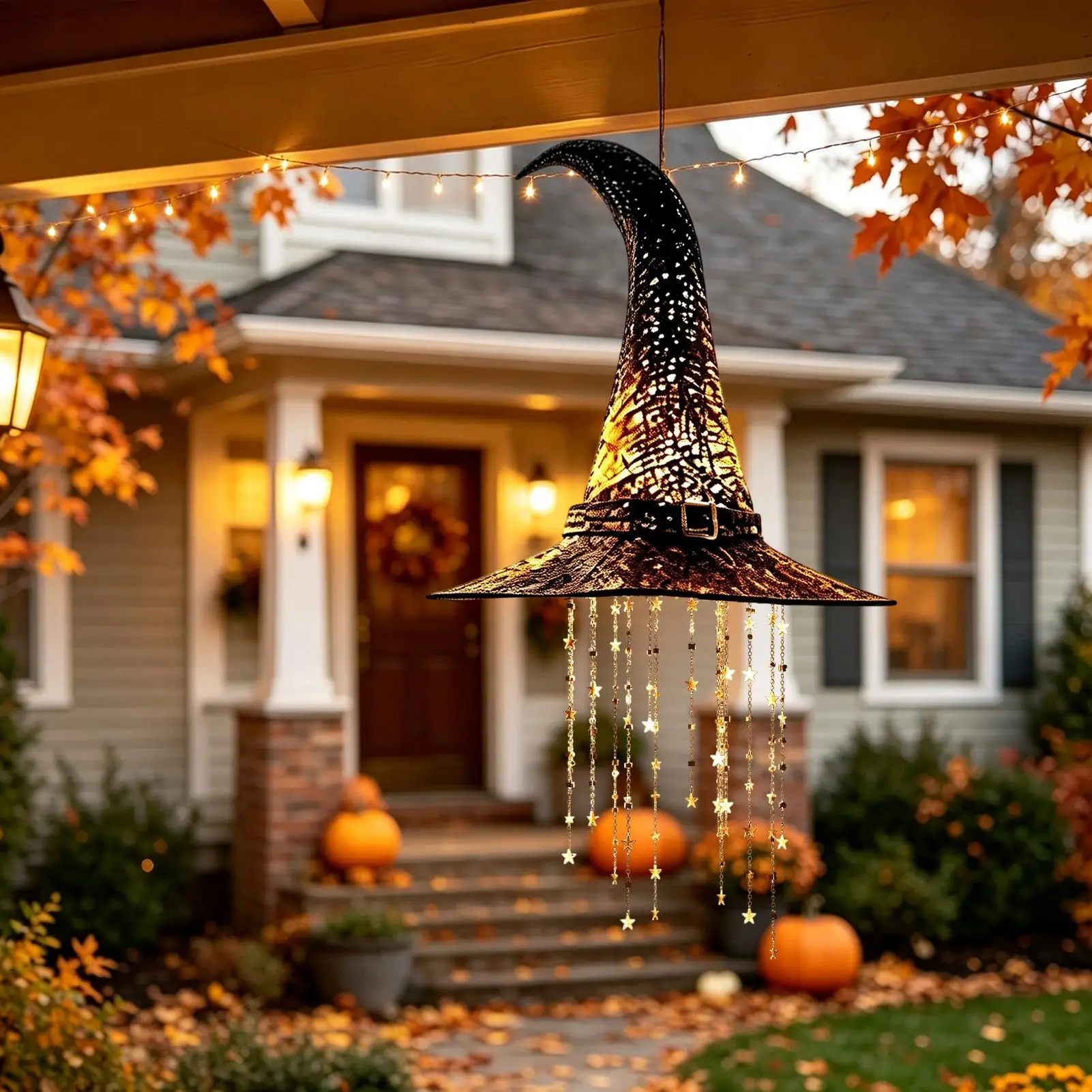 Lighted Witch Hat Hanging Chime, Halloween Outdoor Ornament, Glowing Mesh Cascading Stars, Black Frame Decoration, Party Decor