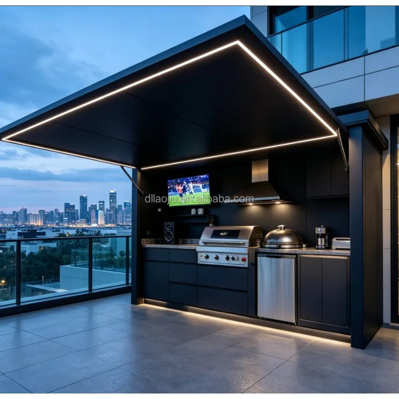 Portable Modular Stainless Steel Outdoor Kitchen Customizable With Storage Cabinet Windshield Eco Friendly Fireproof For Garden