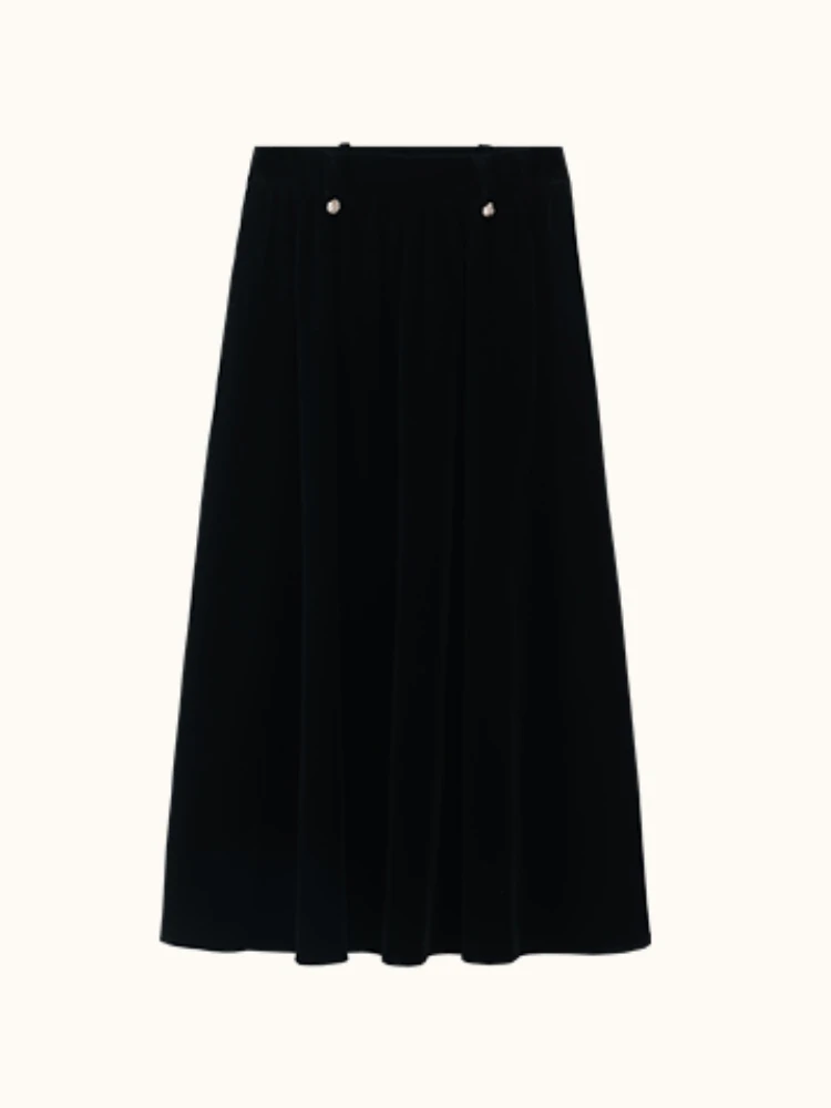 ALXNAN Women's Black Skirts 2024 Fall Winter A-line High Waist Slim Medium-length Skirt Loose Bottoms Sold Separately DYL661338