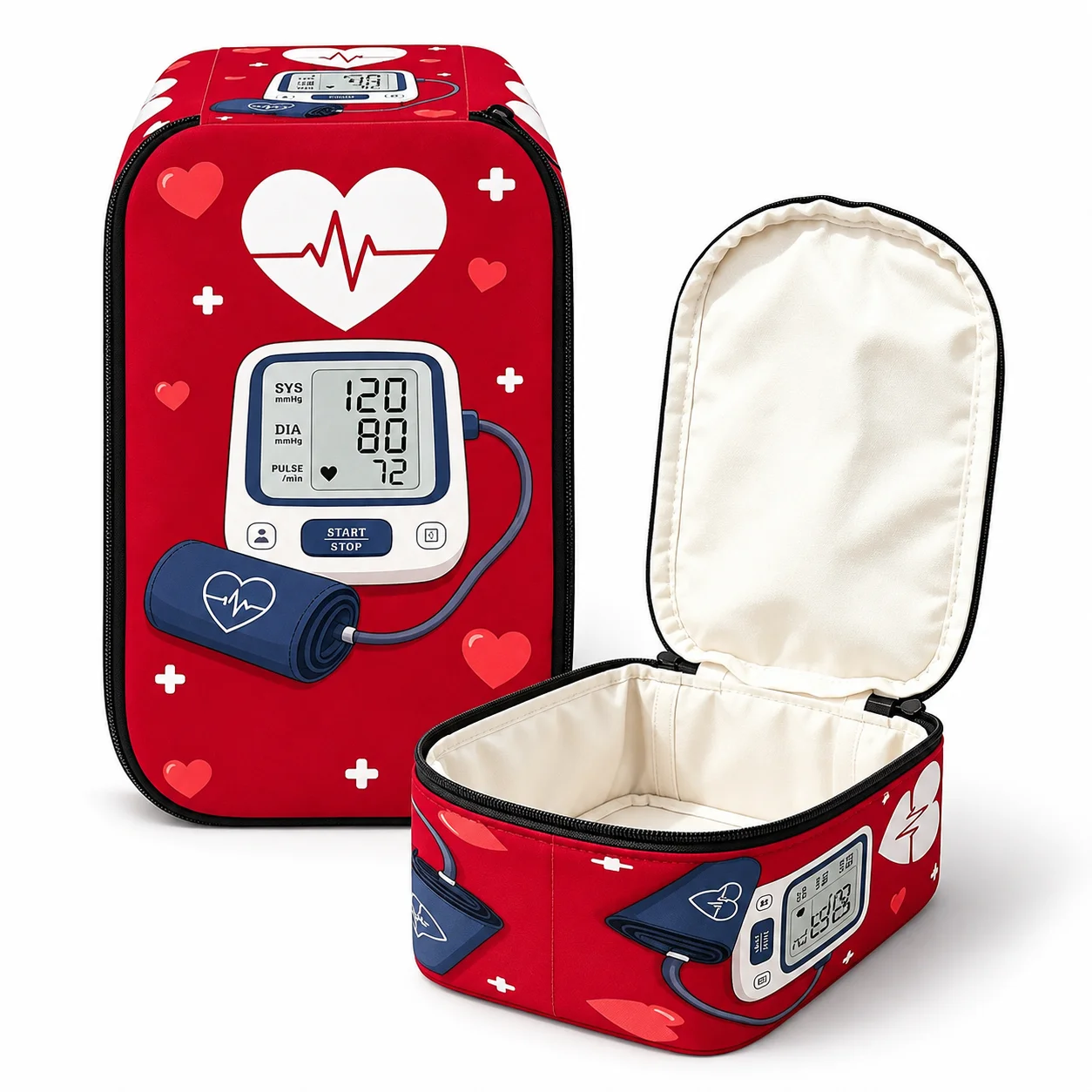 Portable Blood Pressure Monitor Storage Case, Red Heart Print Protective Zipper Travel Organizer for Seniors, Home & Clinic