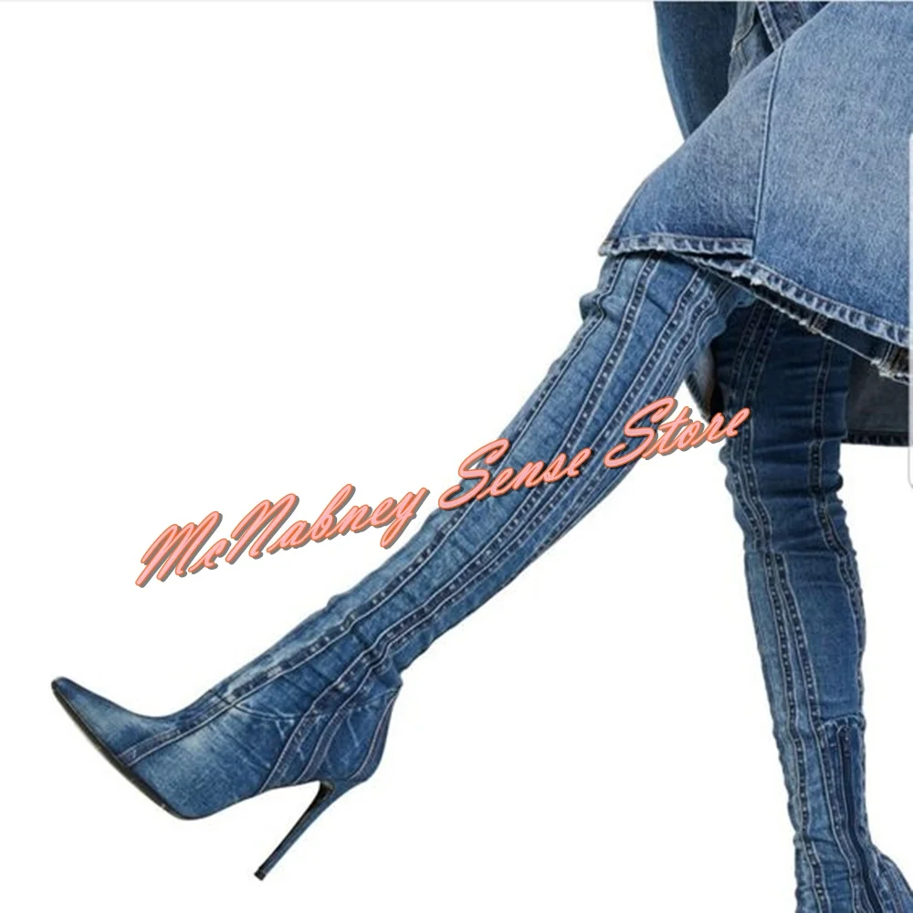 Denim Straps Pointy Toe Boots Thin High Heels Solid Fitted Over The Knee Side Zipper Boots Autumn Party Sexy Style Women Shoes