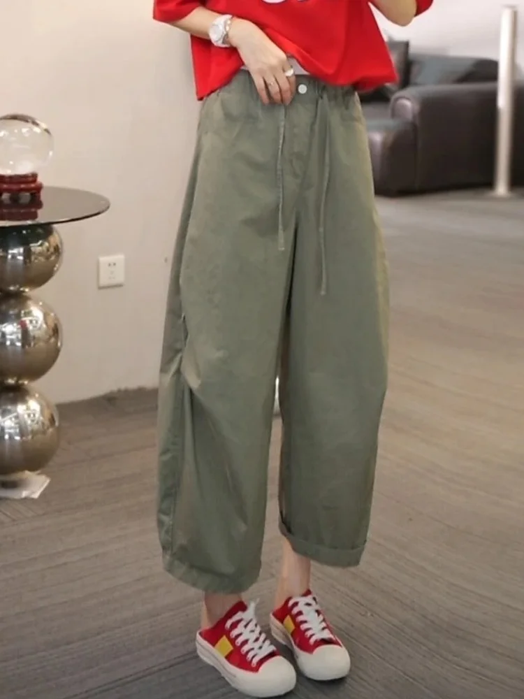 Green Straight Leg Elastic Waist Drawstring Casual Pants Women's Loose Hiding Hip Slimming Workwear Wide Leg Trousers